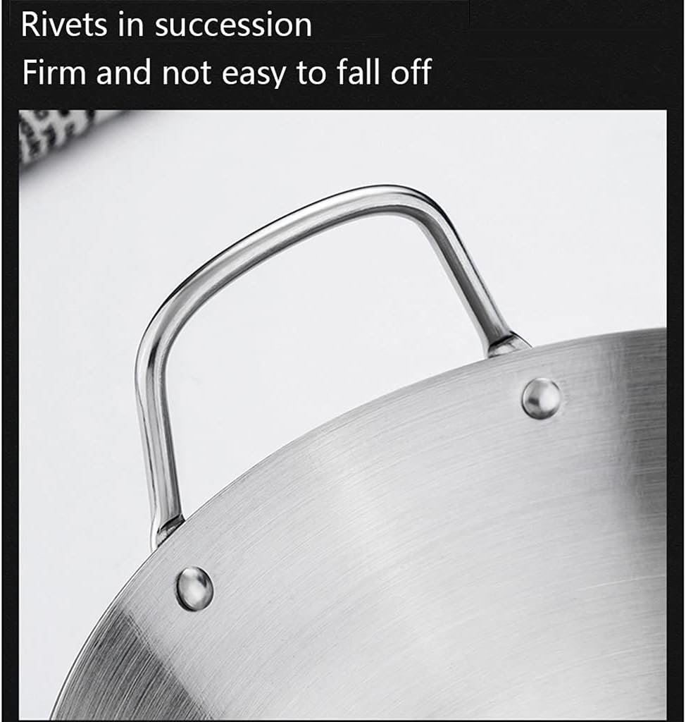 Non-Stick Frying for Commercial Double Ear 201 Non-Magnetic Stainless Steel Wok Polishing,30cm-70cm Fast Heat Conduction Uncoated Chinese Easy to Clean Wok Suitable for Gas Cooker