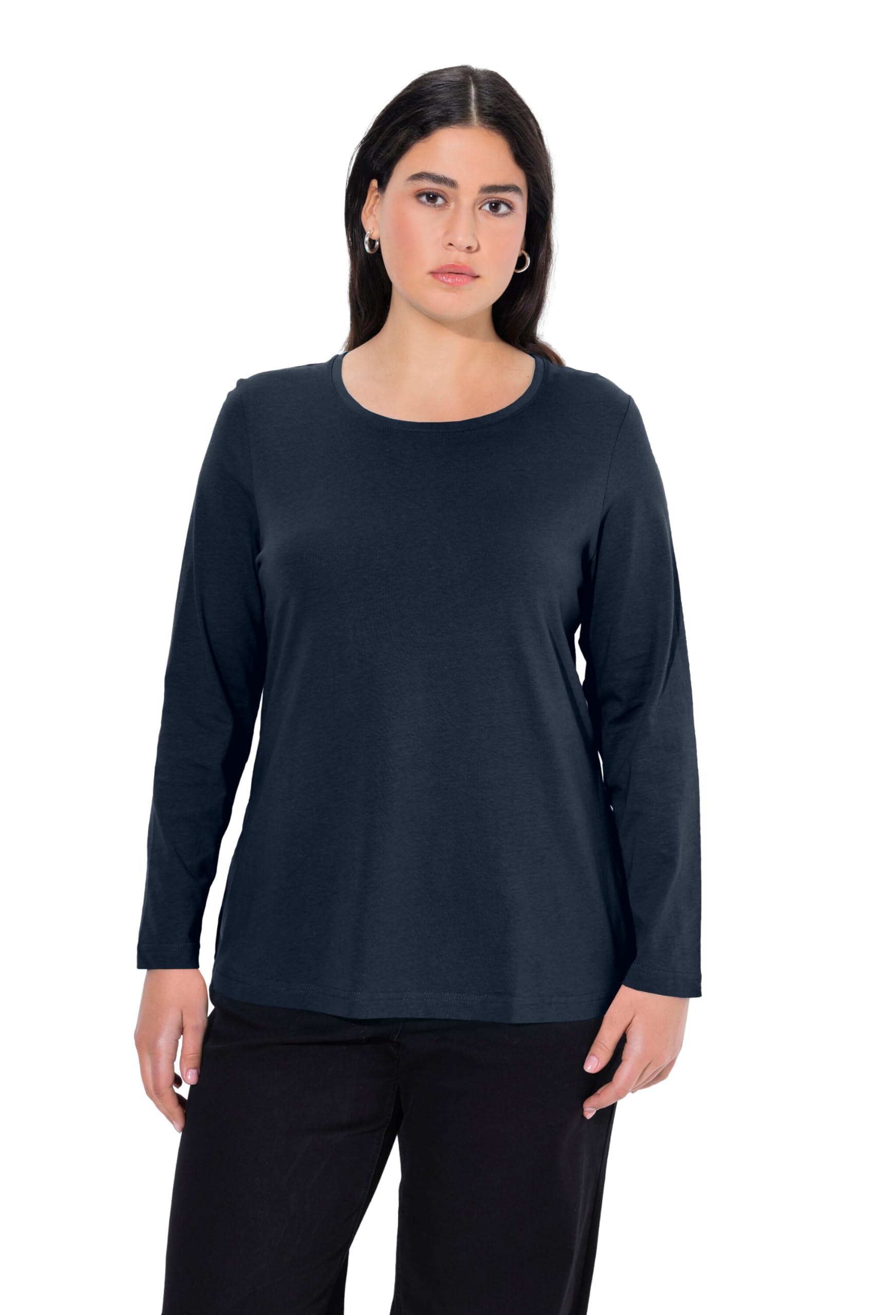 Ulla Popken Womenswear Plus Size Curvy Oversize Slim Fit Long Sleeve Cotton Tee Navy Blue 50+ 646801 71-50+
