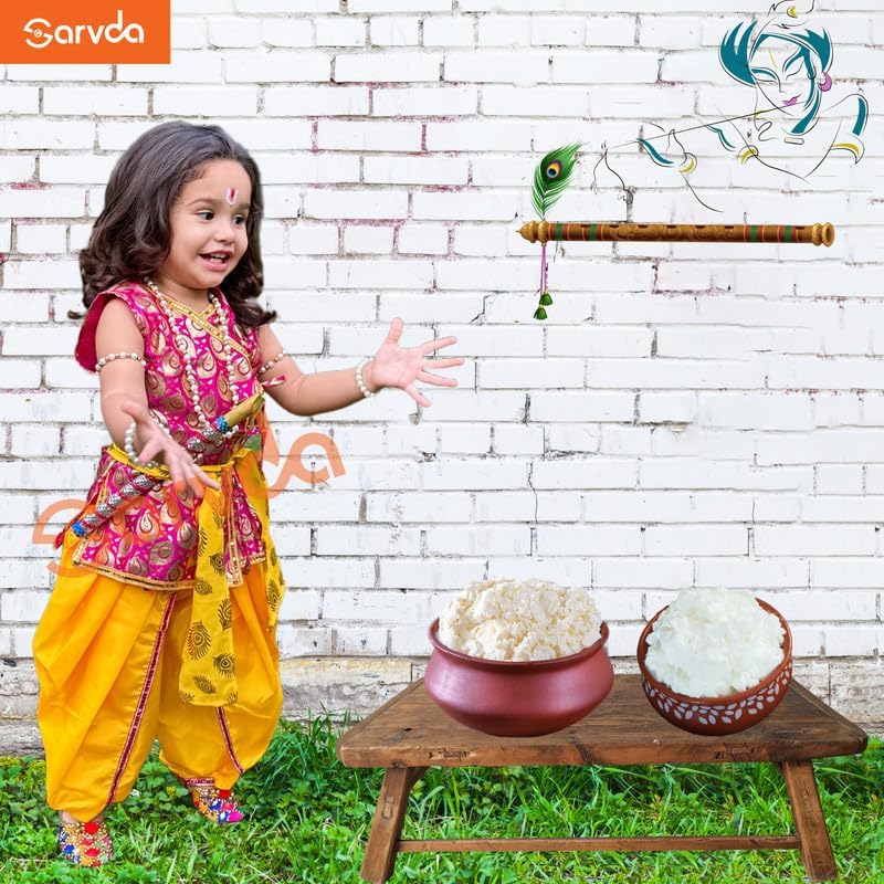 Image of Sarvda Krishna & Radha Dress for Kids - Complete Janmashtami Costume Sets with Dhoti /Lehenga, Mukut, Mor Pankh, Bansuri & Accessories | Fancy Dress for Baby Boys & Girls