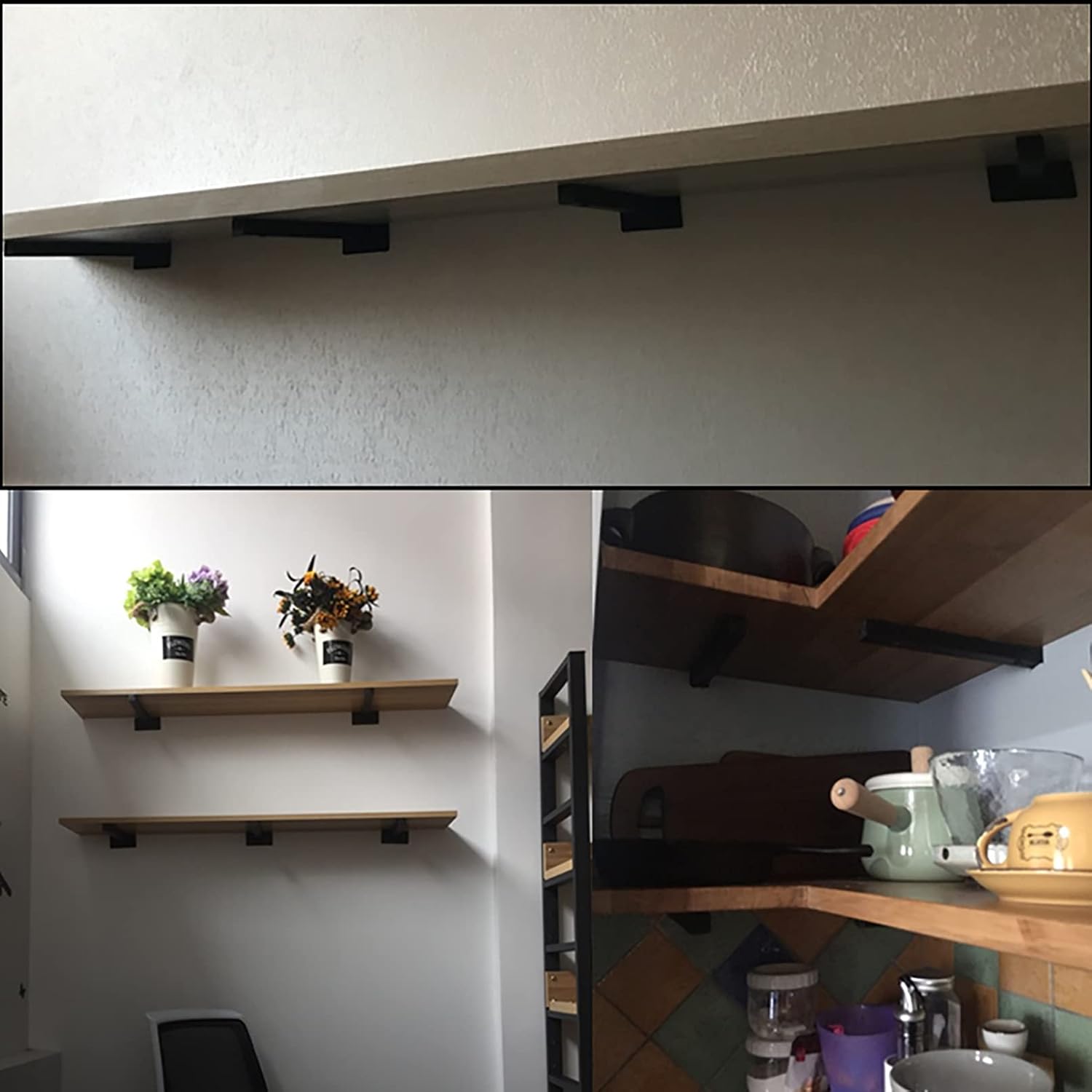 2 Pcs Shelf Brackets,Industrial Floating Bracket,Wall Mounted Heavy Duty Rustic Shelf Brackets, Decorative Shelving,Brackets for Shelves 6/8/10/12/16 Inch,Black