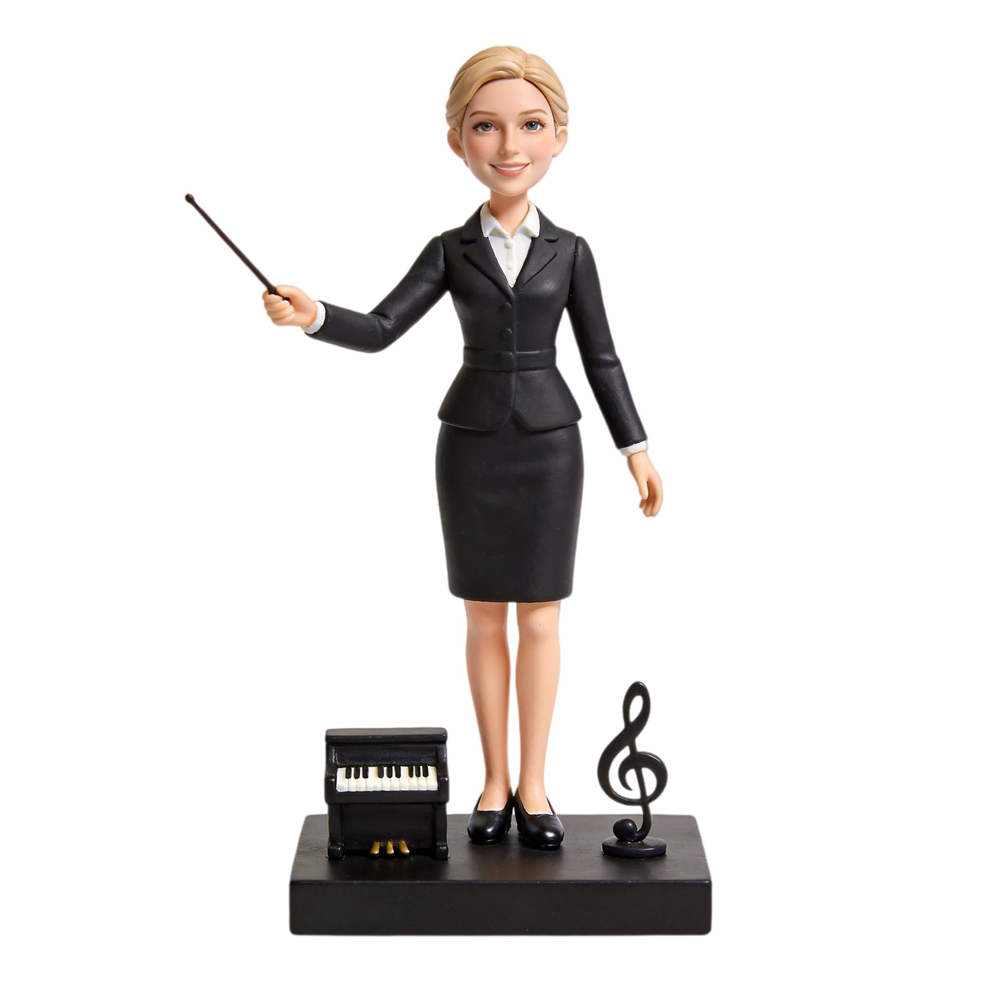 Bobblehead personalizzato per insegnante di musica, statuetta 3D personalizzata da foto, statua a corpo intero in argilla polimerica fatta a mano con mini chiave di violino per pianoforte