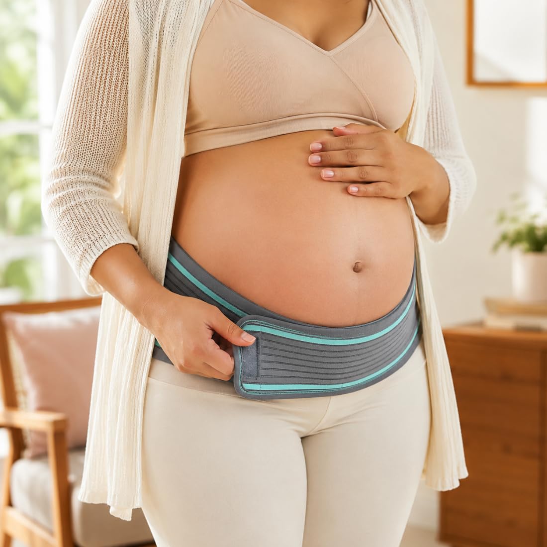 PRUTHAFLEXA Pregnancy Support Belt Adjustable Belly Band for Maternity Back and Waist Support Grey and Teal M-image-42
