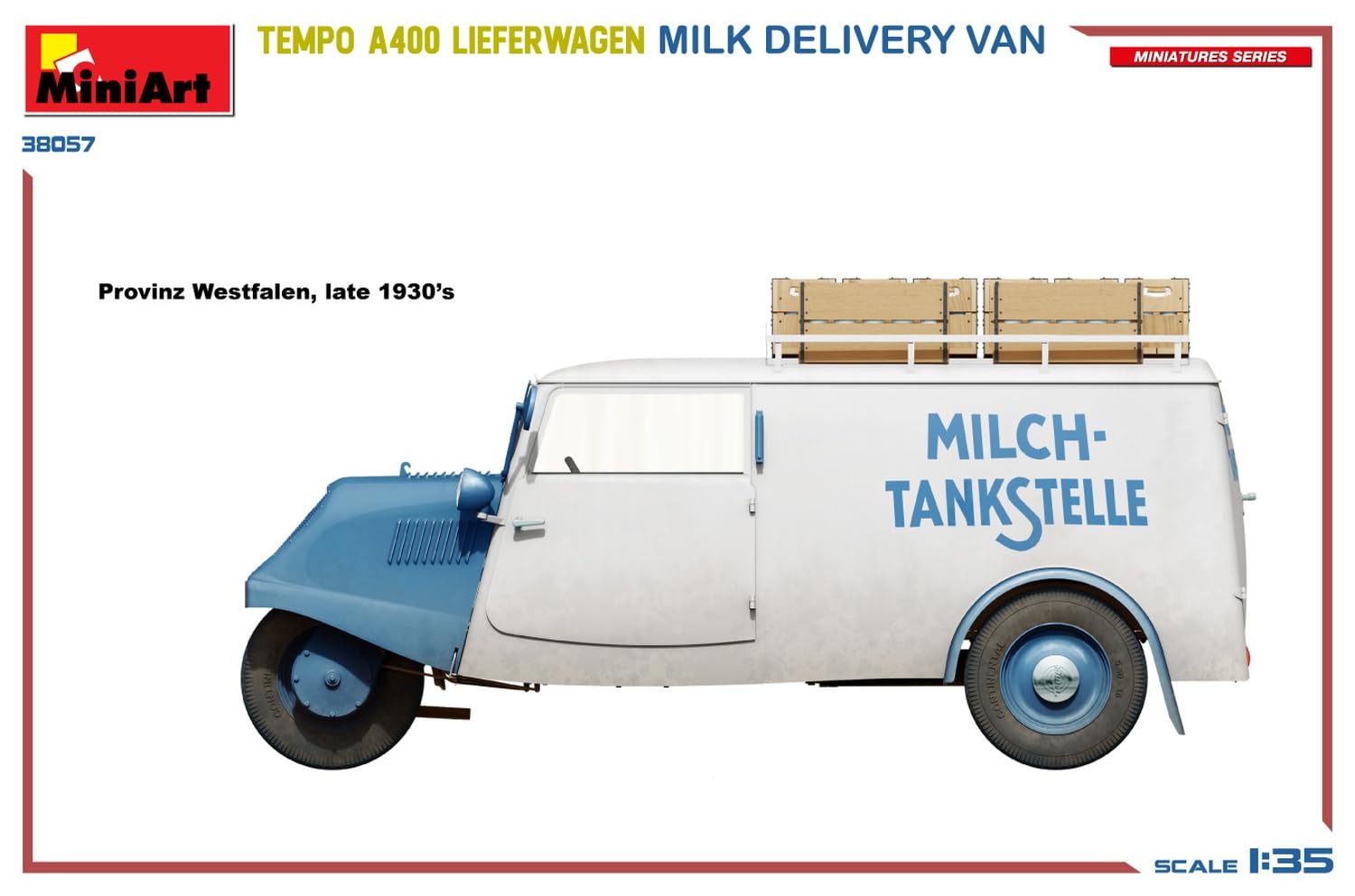 Mini Art 38057 1:35 Tempo A400 wózek dostawczy mleko – wierna replika, modelarstwo, plastik, zestaw do montażu, majsterkowanie, hobby, klejenie, zestaw modelarski, montaż, nielakierowany