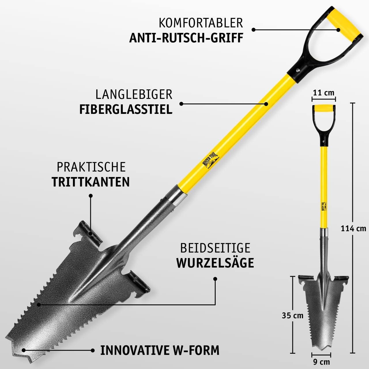 MISTER TOOL 3-TLG. Spezialspaten-Set - Kombi-, Drainage- & Wurzelspaten - Glasfaserstiel, Rutschfester Griff, langlebiger Kohlenstoffstahl - Ideal für Garten- und Landschaftsbauarbeiten