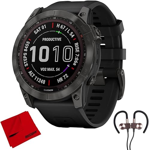 Miniatura 1 de Garmin 010-02540-24 Fenix 7 Sapphire Solar Smartwatch Mineral Blue DLC Titanium Whitestone Band Bundle con 2 años CPS paquete de protección mejorada
