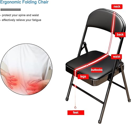 Miniatura 5 de Silla plegable con asiento acolchado de piel sintética, silla plegable ergonómica de metal con respaldo, silla portátil básica para oficina en casa,