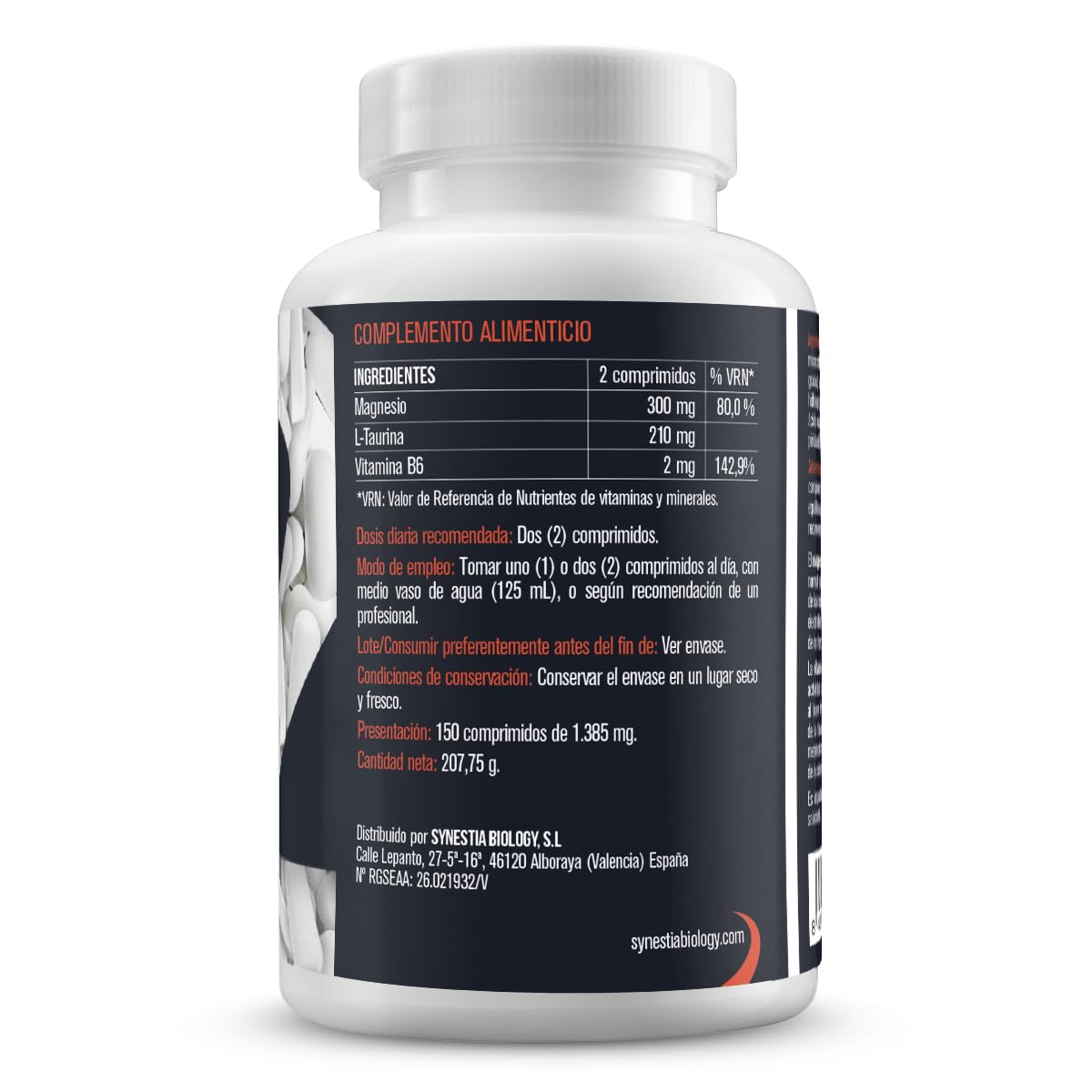 Bisglicinato de Magnesio Synestia con taurina y vitamina B6, suministro 1 a 2 meses, 150 comprimidos, vegano y sin gluten