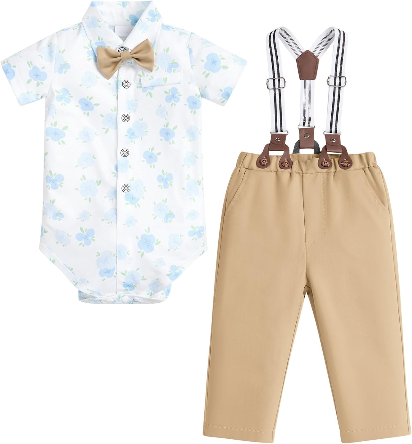 IDOPIP Toddler Kids Baby Boys Formal Suit Gentleman White Shirt with Bowtie + Suspender Shorts Pants Overalls Clothes 6M-5T