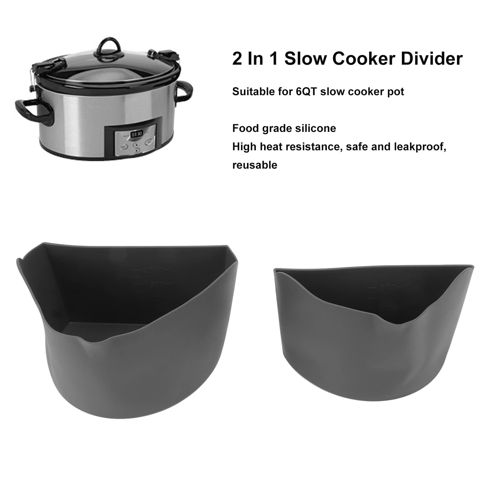 Crock Pot Liners, 2 In 1 Slow Cooker Divider Reusable Silicone Cooker Liner with Lift Handle for 6 Quart Pot Cooking(Gray)