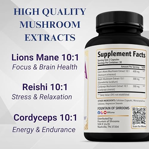 Miniatura 2 de Rizma - Suplemento de hongo de melena de león, reishi y cordyceps para la función cerebral, el estado de ánimo, la concentración y la energía - 60