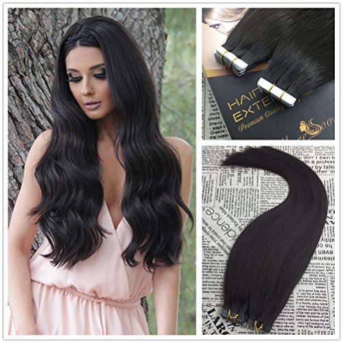 Moresoo 16 Inch Tape in Real Human Hair Seamless Skin Weft Hair 40 Pieces 100 Grams Per Pack #1B Off Black Full Head Set Straight Unprocessed Remy Human Hair