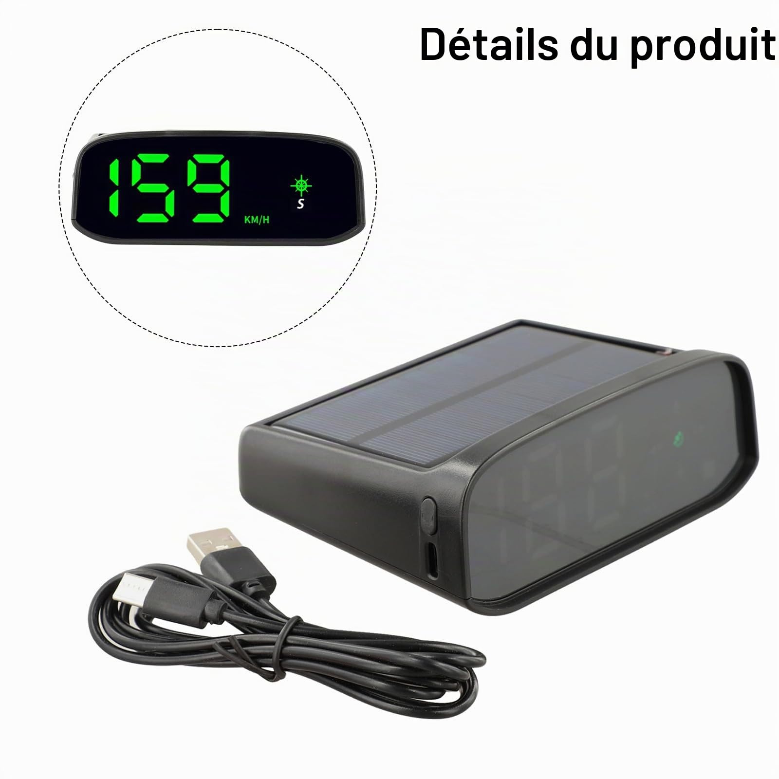 Compteur de vitesse solaire pour voiture, affichage tête haute, GPS et compteur de vitesse numérique avec détection de lumière intelligente HUD, noir, 11,5 x 4,5 cm
