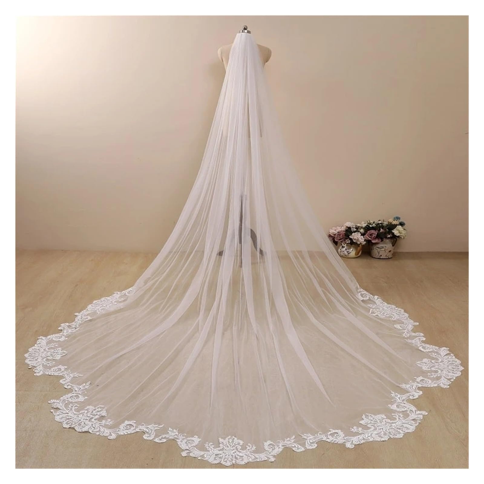 Eleganter weißer Elfenbein-Kathedralen-Hochzeitsschleier, wellenförmige Spitze, Brautschleier, 3 m, 4 m, 5 m, mit Kamm-Zubehör(WHITE,500cm)