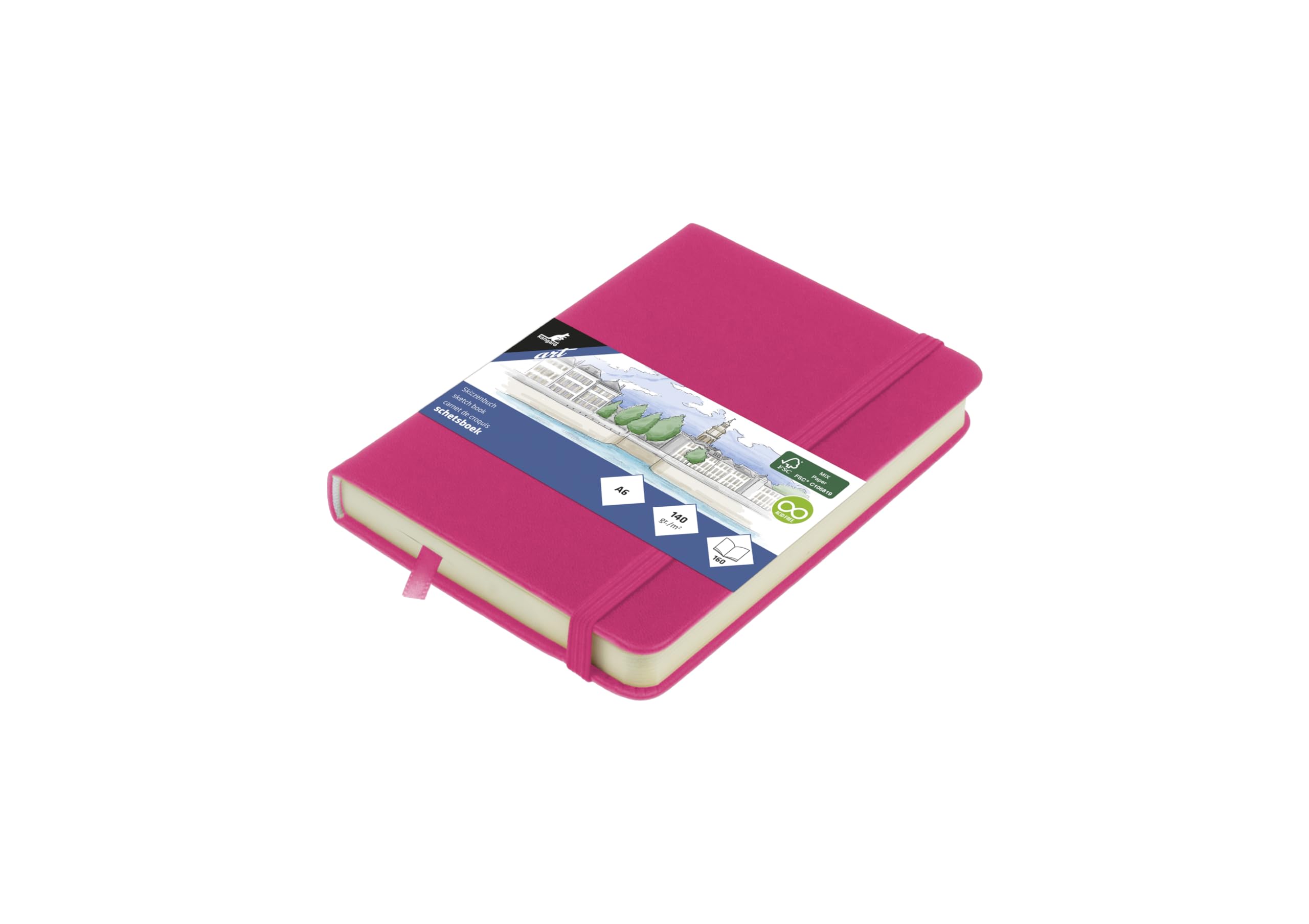 Sketchbook Kangaro A6 Hot Pink PU Hard Cover 80 Sheets 140 g Cream Paper with Elastic Band and Ribbon