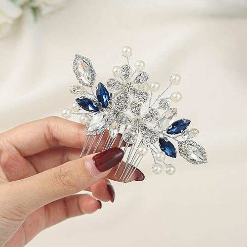 Miniatura 9 de Catery Peine para el pelo de boda con diseño de flores y cristales azules, perlas, diamantes de imitación, accesorio para el cabello de boda,