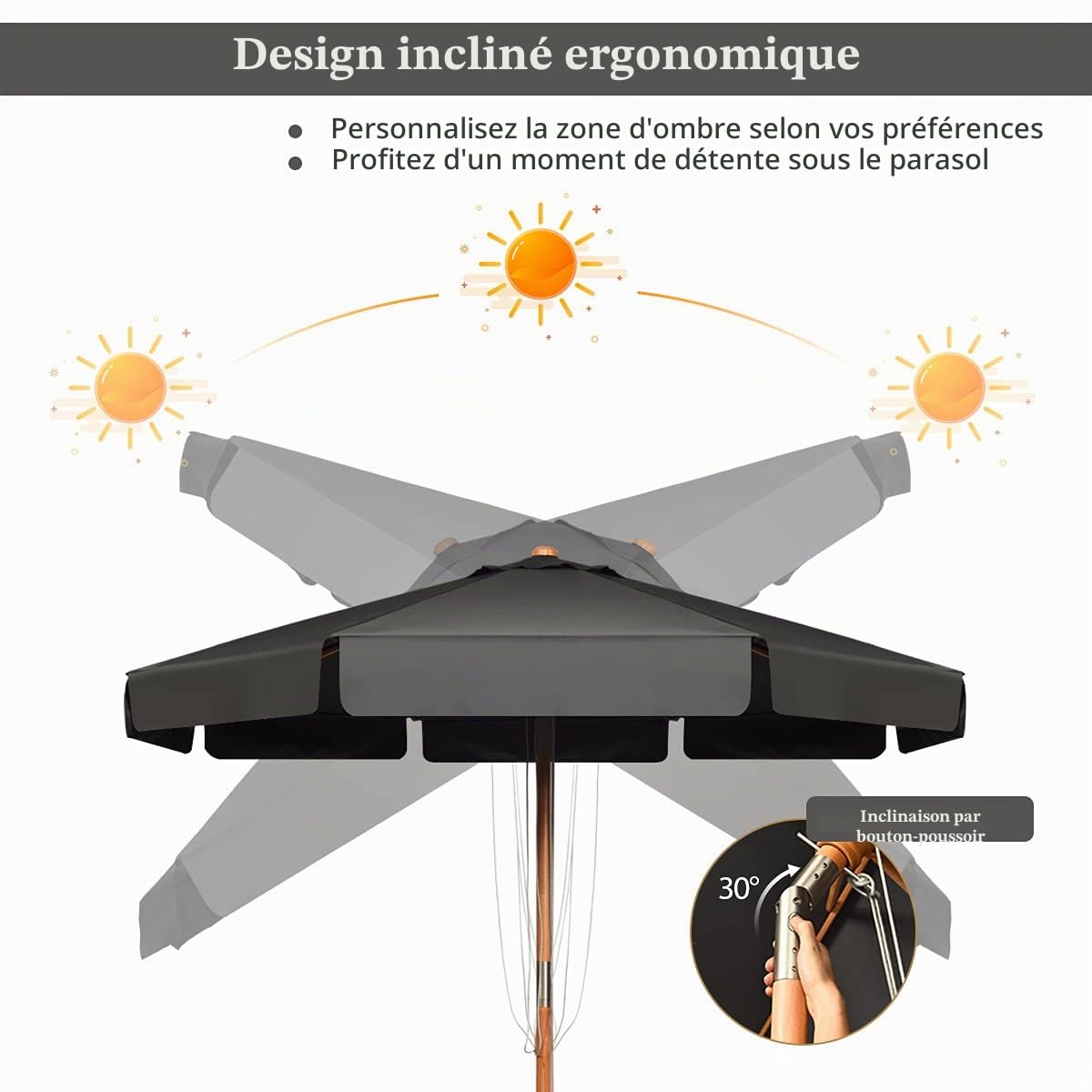 KOMFOTTEU 3M parasol de jardin en bois de hêtre inclinable, imperméable et protection solaire, parasol de plage avec 8 baleines, pour jardin, balcon, terrasse, gris, 300cm x 253cm