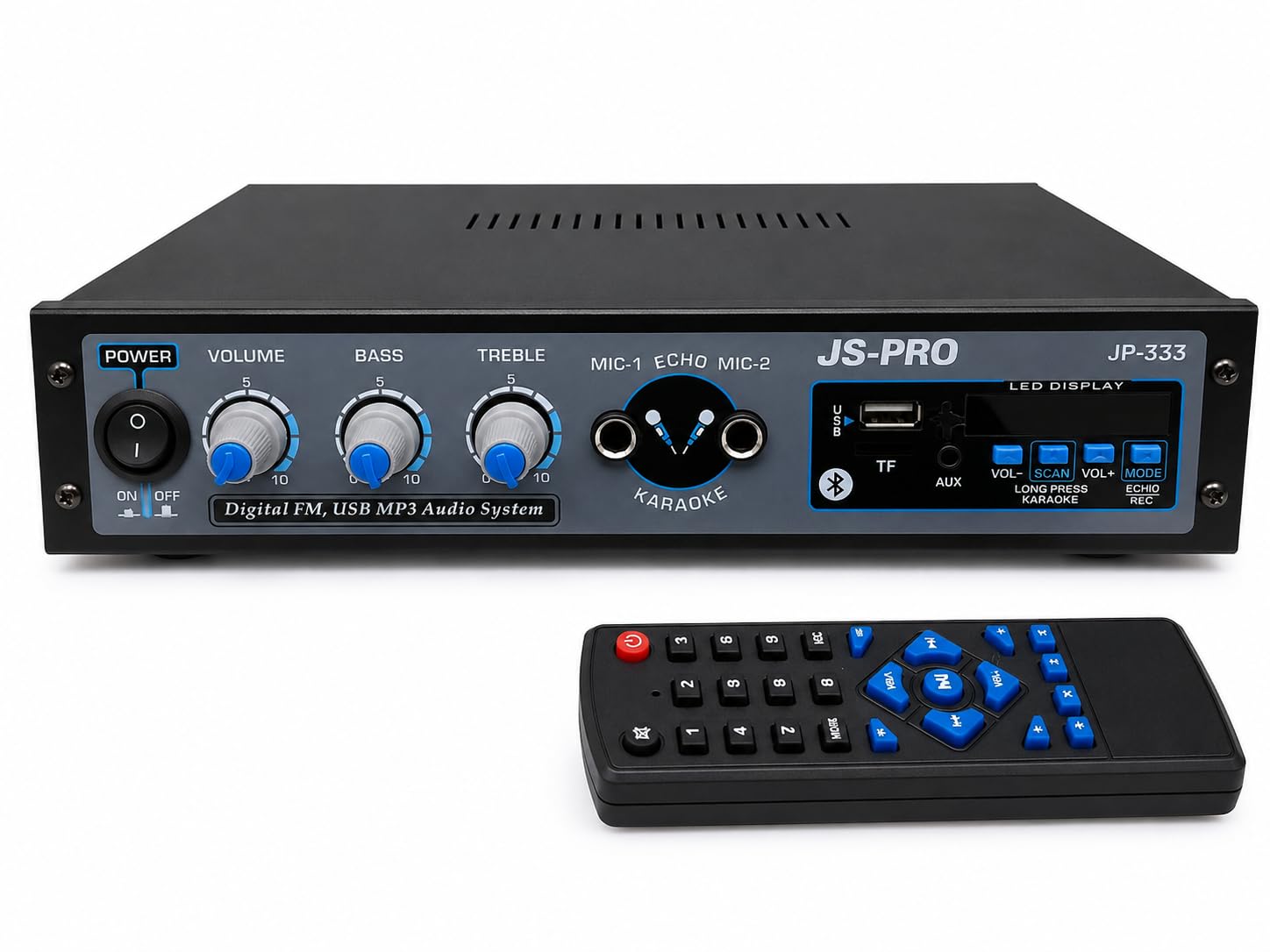 JP-333 Digital FM USB MP3 Bluetooth Audio Amplifier | Dual Mic Karaoke, Bass & Treble Control, Remote Control Included, Metal Body, Home, Shop & Events-image-8