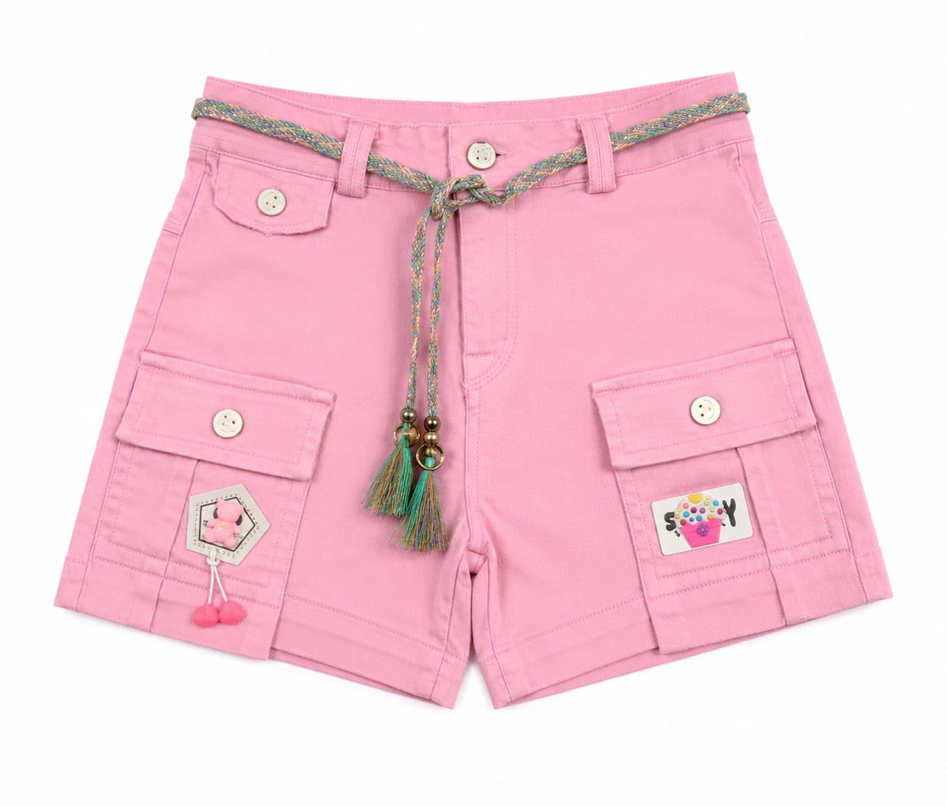 Girls Cotton Cargo Shorts with Decorative Rope Belt | Casual Mid Rise Shorts with Flap Pockets & Cute Patch Detail | Summer Fashion Shorts for Girls | Pink-image-44