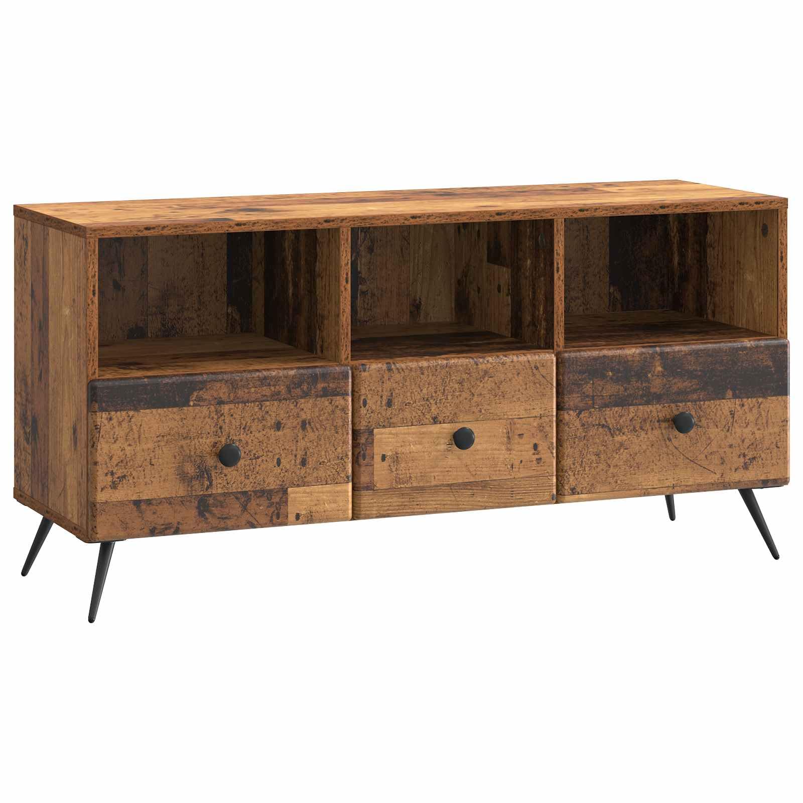Meuble bas en bois vieilli de 102 cm, centre de divertissement moderne à 3 tiroirs