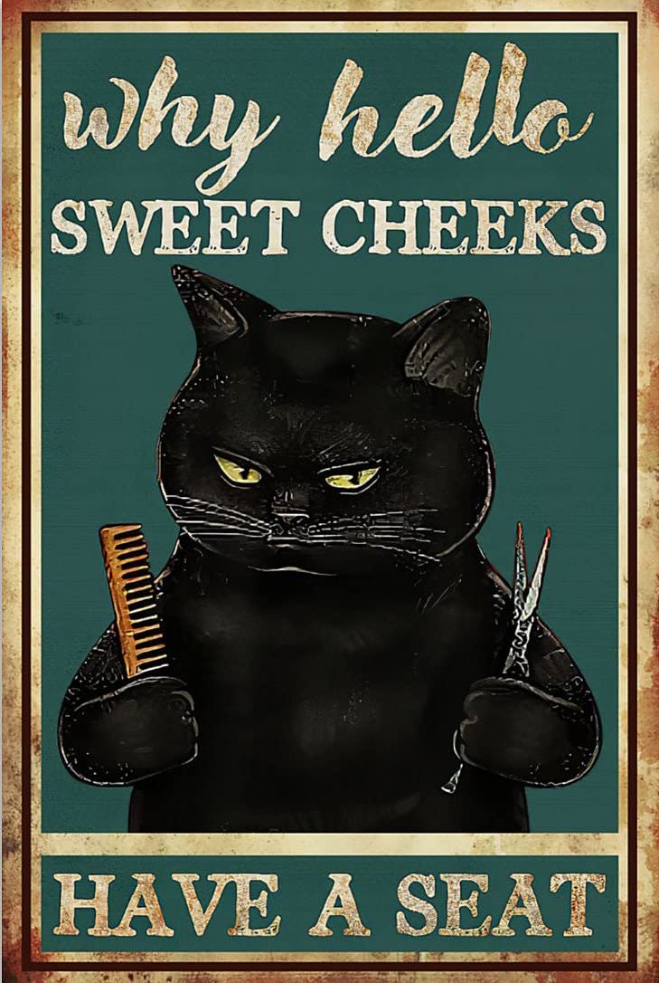 Bioprocess Black Cat Hairdresser Why Hello Sweet Cheeks Have A Seat Toilet Decor Poster Wall Art Tin Sign Decor Metal Sign Poster 8X12 Inches