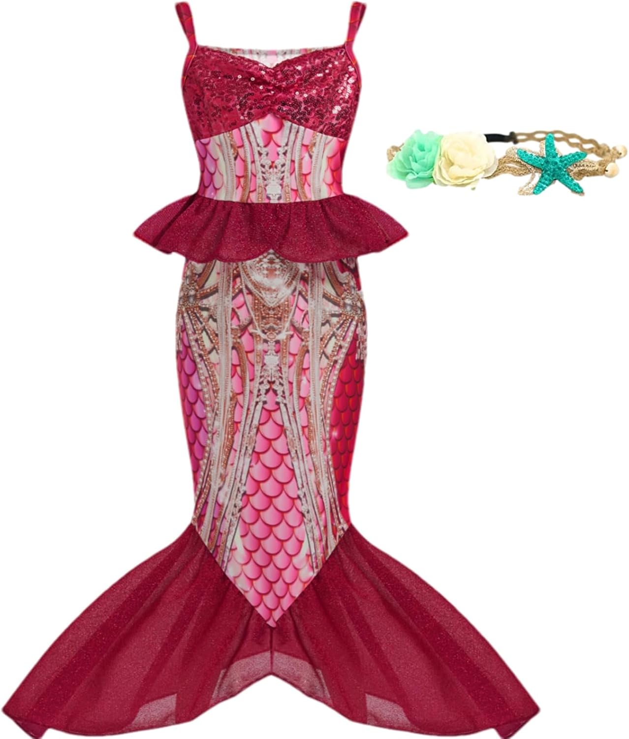 (Incomplete) Little Girls Mermaid Costume Toddler Mermaid Dress Halloween Princess Dress Up Gzq433-coral Heart Red 9-10Years,Height:138cm-148cm