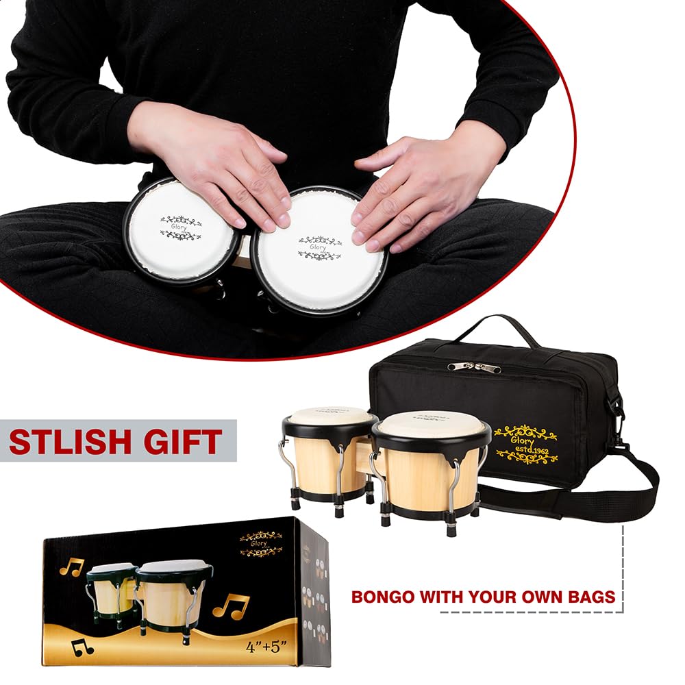 Glory Bongo Drums 4” and 5” Wood Percussion Instrument Bongos with bag and tuning Key,Natural