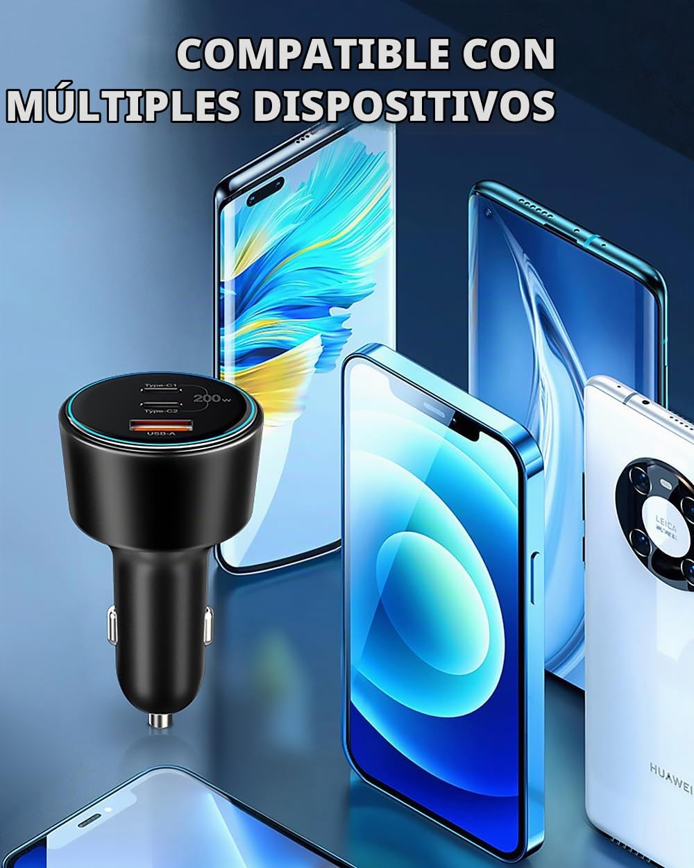 Cargador de Coche USB C de 200W, Cargador Mechero USB Carga Rápida de 3 Puertos con Cable USB C de 100W, Compatible con iPhone 15/14/13/12, Samsung Galaxy S24/23, MacBook, iPad Pro, Air Mini