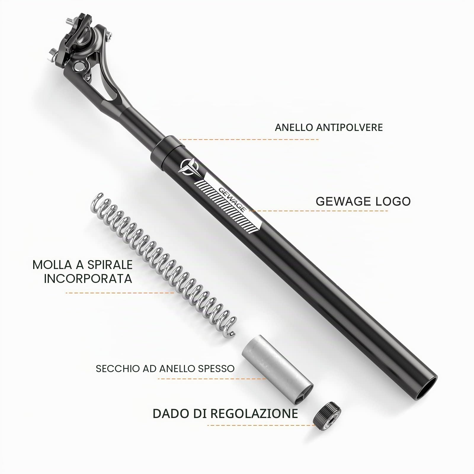 GEWAGE Reggisella Sella Sospensione Sella Molla In Alluminio, Sospensione Regolabile, Ammortizzante, Compatibile con 27.2/30.9/31.6 mm di diametro, 400 mm di lunghezza, ideale per MTB e Trekking