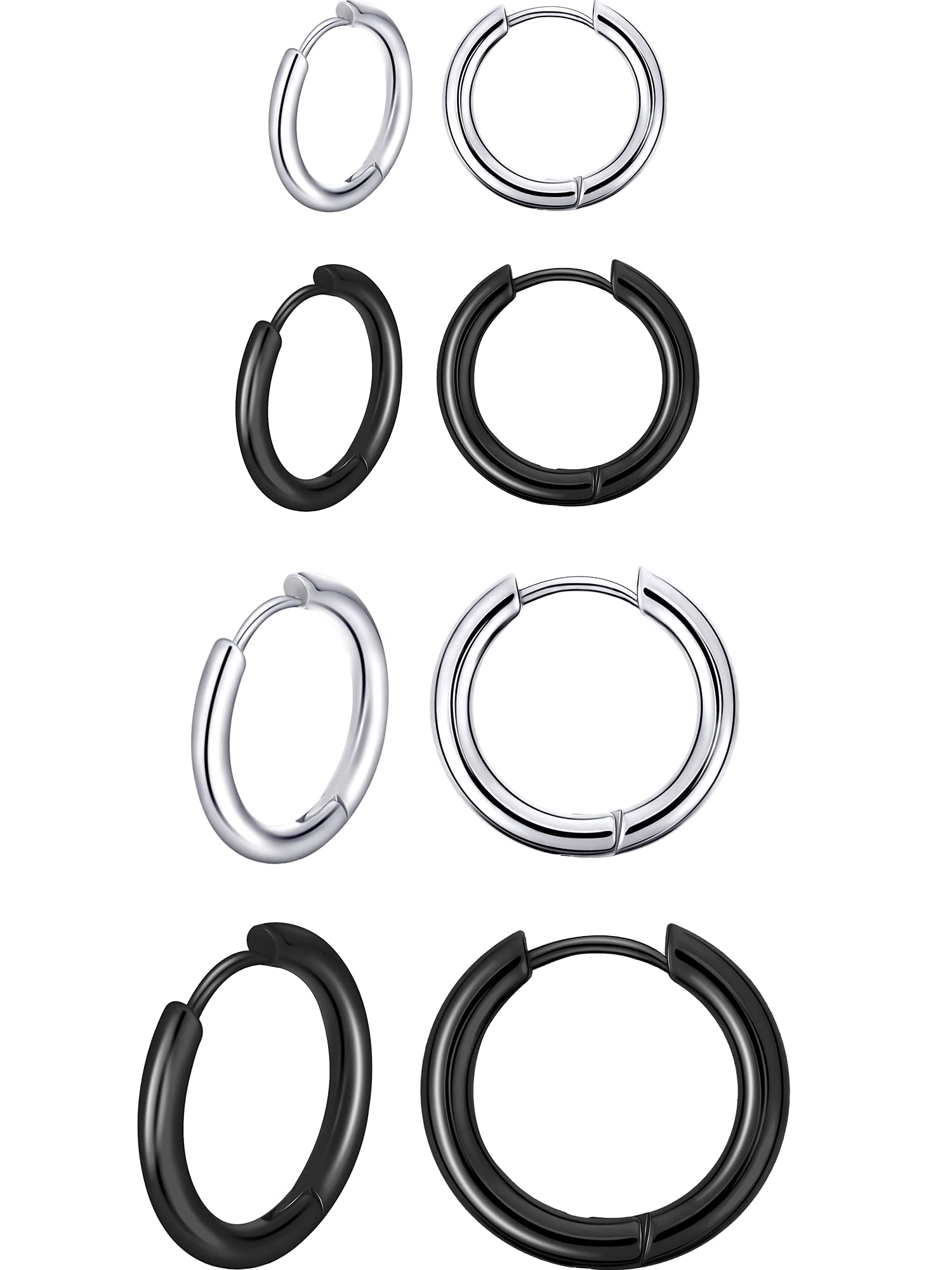 Boao 4 Pares Pendientes de Aro de Acero Inoxidable Anillos de Labios Nariz Pendientes de Aro Pequeños de Cartílago para Hombre y Mujer (12 mm, 14 mm, 16 mm, 18 mm, Color de Acero, Negro)