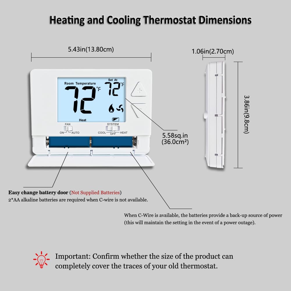 Termostato de pared no programable para sistemas domésticos de una sola etapa, 1 calor/1 frío, fácil bricolaje, retroiluminación blanca