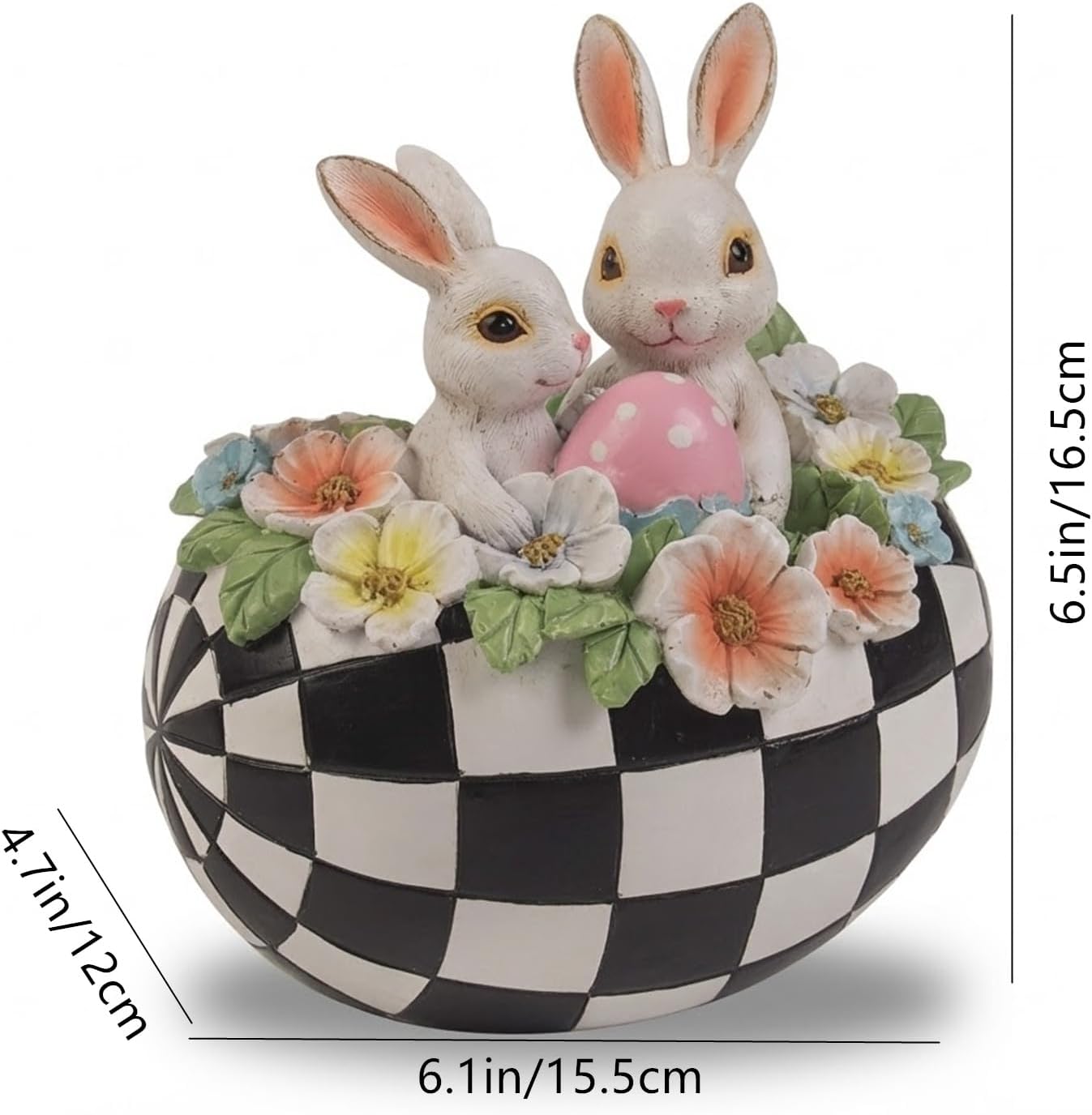 Black White Checkered Easter Egg Bunny Figurines, Resin Cute Buffalo Plaid Decorative Egg Rabbit Statue Table Centerpiece Home Decorations Indoor, Spring Tabletop Mantel Shelf Office Decor - Image 3