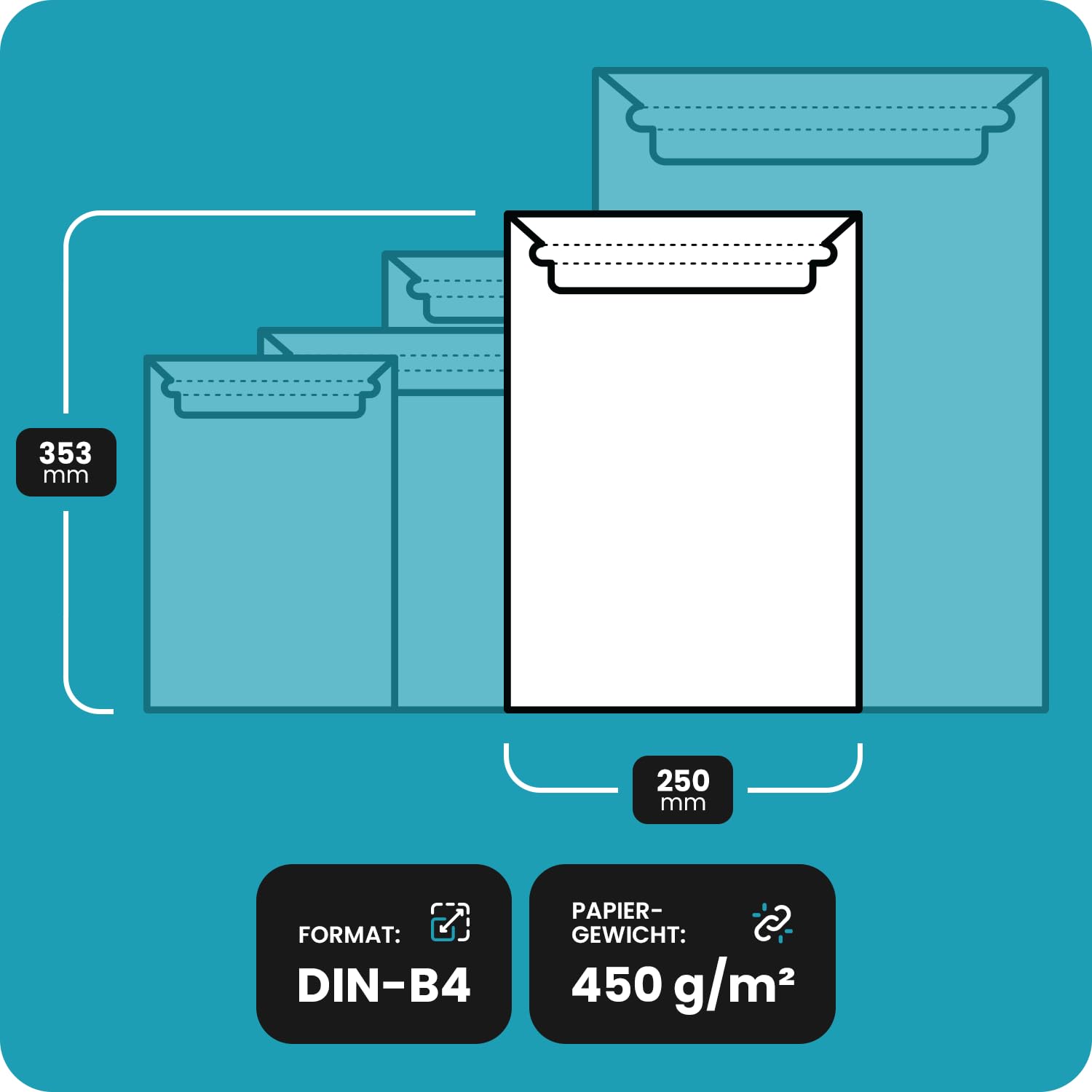 Netuno 100 sobres de cartón B4 250×353 mm blancos 450 g cierre autoadhesivo sin ventana para documentos A4 con contenido adicional