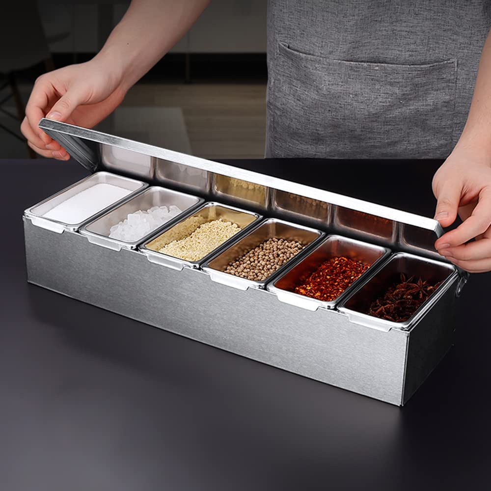 Stazione per pizza a 6 scomparti in acciaio inox con coperchio Erogatore di condimenti refrigerato riutilizzabile contenitore per condimenti per ristoranti catering e feste 45,5 x 15 x 9 cm