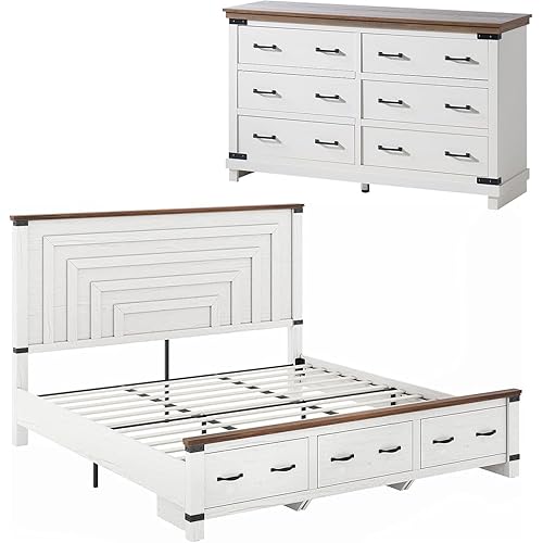 AMERLIFE 2-Piece Farmhouse Wood Bedroom Set, Includes Rustic King Size Bed Frame with 54" Tall Headboard, 6 Drawers Large Dresser Chests, Heavy Duty Thick Plank Styling, Antique White