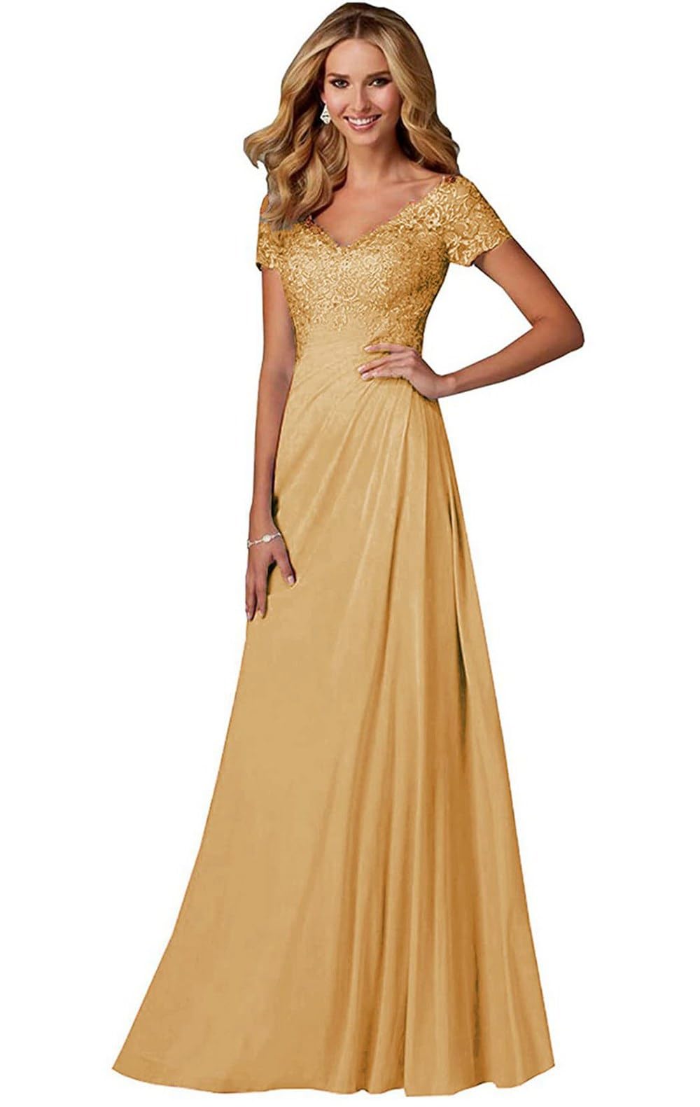 Chiffon Mother of The Bride Dresses Laces Appliques V-Neck Pleated Mother Bride Dresses for Wedding with Sleeves