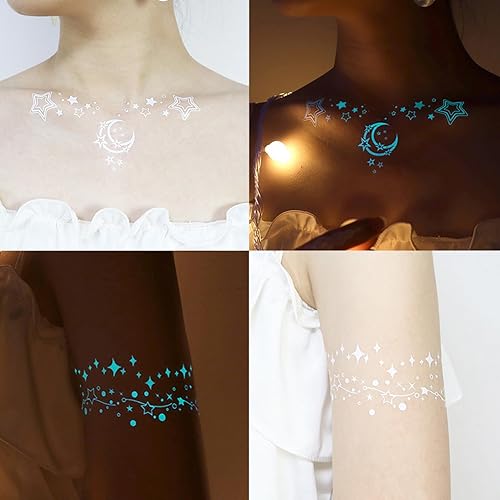 Star Temporary T Attoos, 6 Pieces Luminous Body Sticker, Luminous Flower Face Body Art Sticker, Easy Peel & Apply, Waterproof Adhesive, 12x15.8cm for Festival Holidays Themed Events