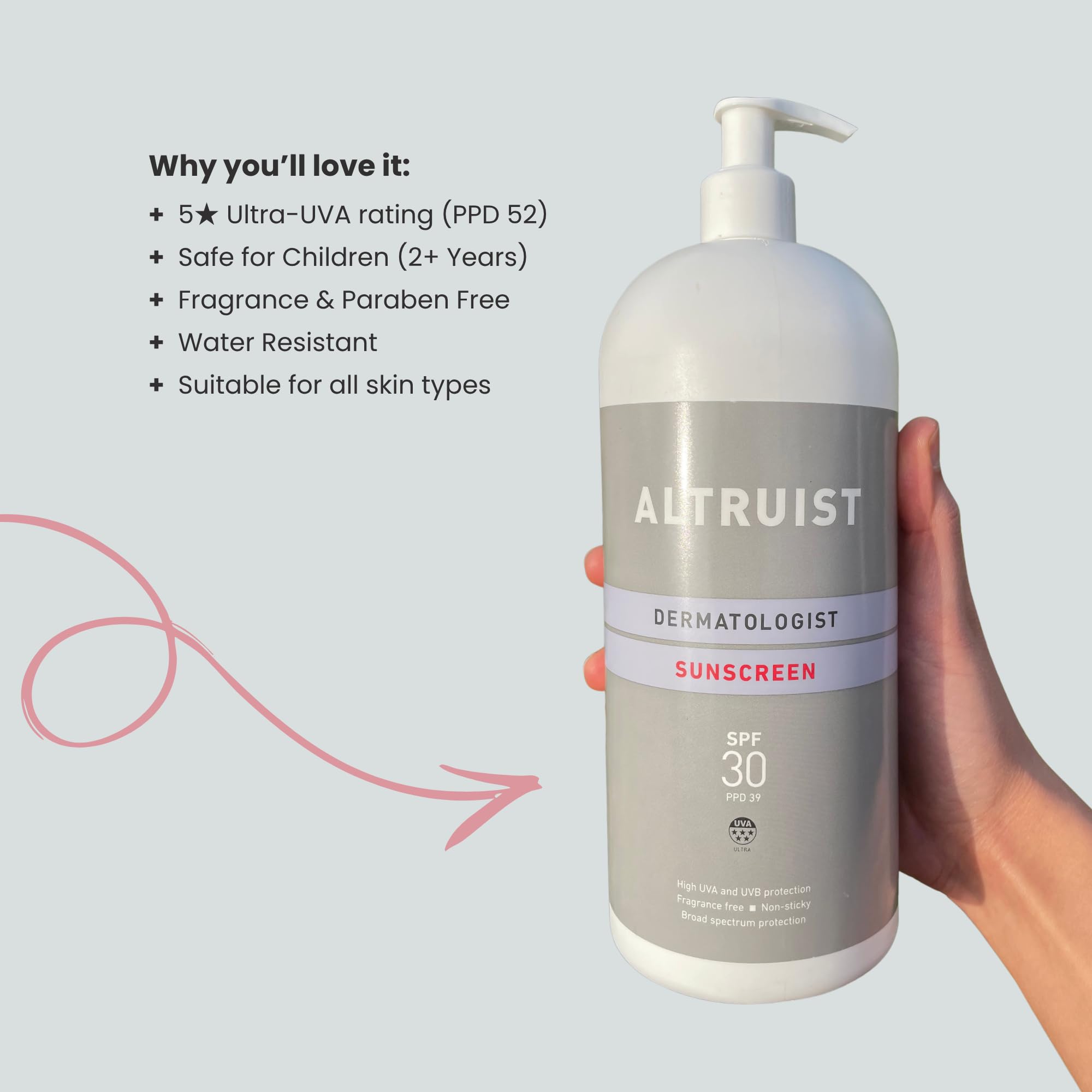 Altruist Dermatologist Protection solaire SPF 30 5 étoiles Ultra UVA PPD 39 végétalien sans parfum imperméable pour peaux sensibles Flacon de 1 litre