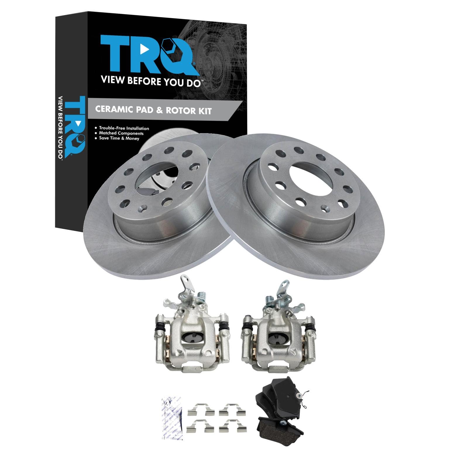 TRQ Rear Brake Pad and Rotor Set Ceramic Rotors Calipers Compatible with 2012 Volkswagen Beetle 2013-2014 Jetta