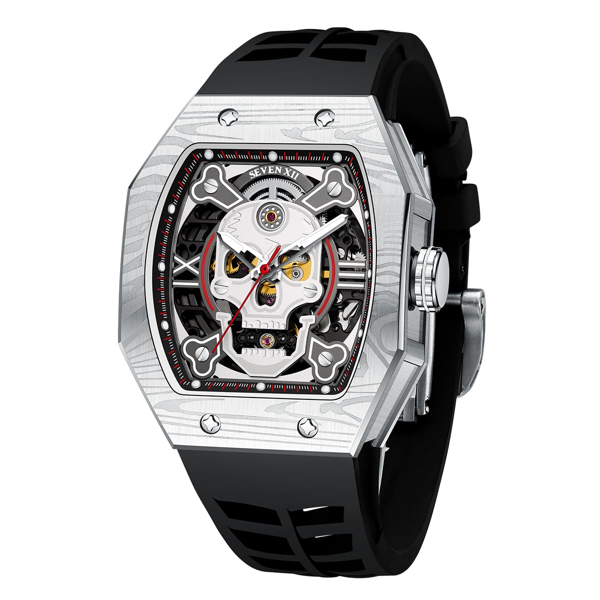 Automatische Herren Uhren Tonneau Schädel Skelett Zifferblatt 70 Stunden Stromreserve Mechanische Uhren Luminöser wasserdichte Saphirspiegel Mode Luxus Uhr S001