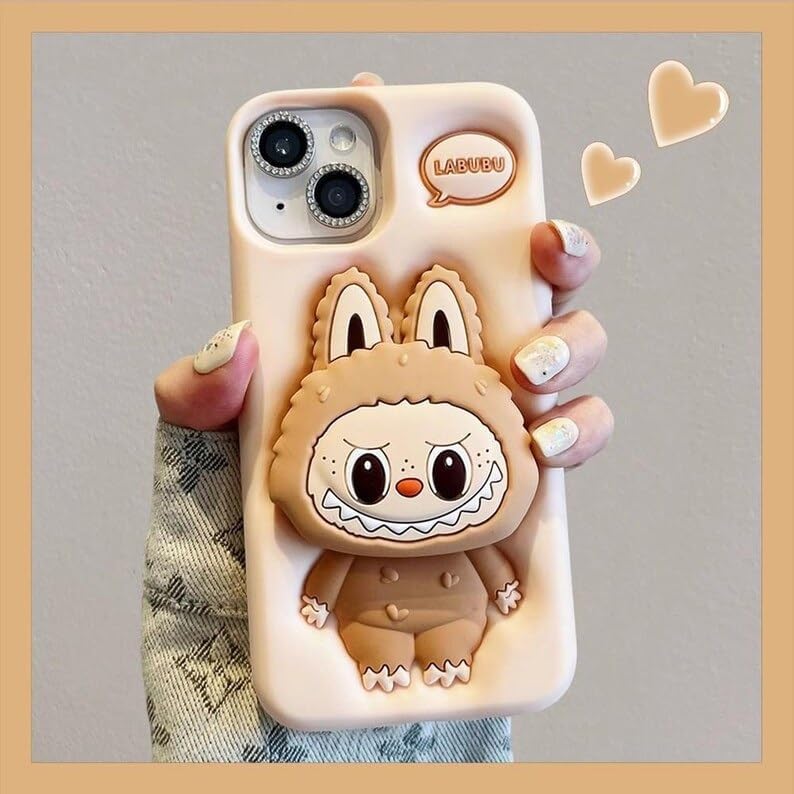 COVERLY for iPhone 14 3D Labubu Cartoon Pop Case,Premium Silicone Case Plush Love Light Cream Color with Phone Holder Cool Full Protective Cute Kawaii Aesthetic Cover for Apple iPhone 14