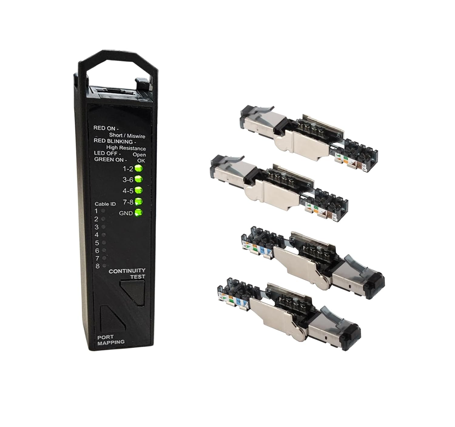 3 in 1 Resistance, Continuity and Port Mapping RJ45 Network Cable Tester with VARICONN Tool Free Shielded RJ45 Connectors Cat6A (4 Pack)
