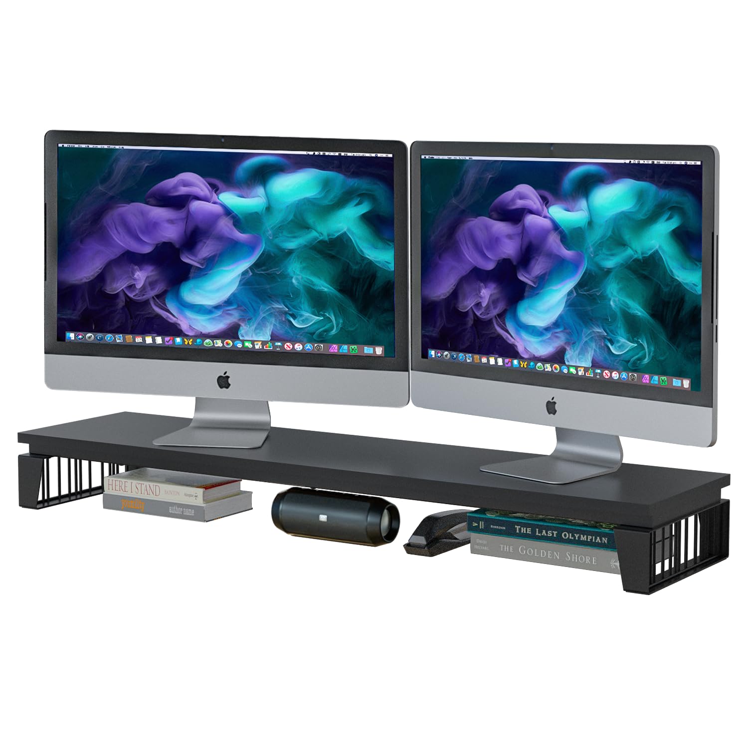 J JACKCUBE DESIGN Dual Monitor Stand Riser 42 Inch Long Black & Steel Computer Desktop, TV Monitor Screen Laptop Keyboard Riser, Ergonomic Desk Tabletop Organizer for Office Accessories- MK881B