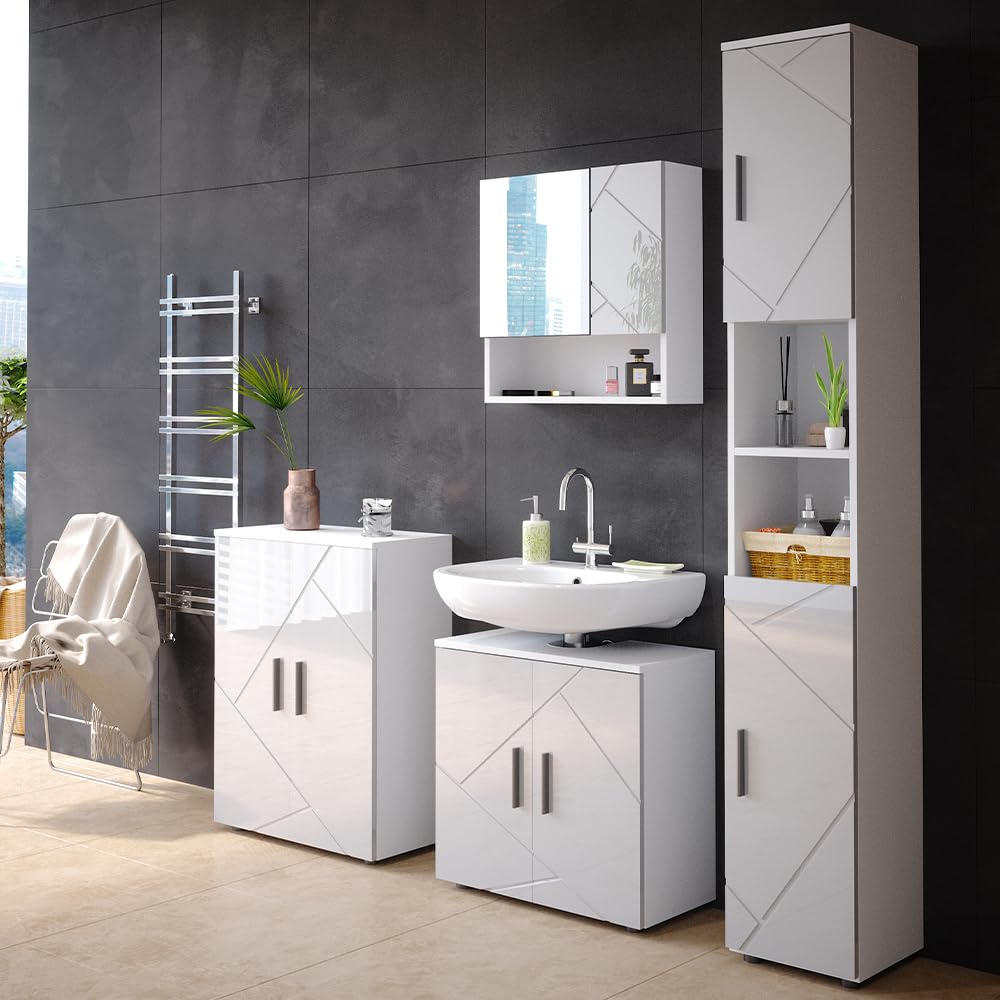 Vicco Mobile bagno alto Irma, Bianco lucido, 30 x 192 cm, per la conservazione di accessori da bagno e compatibile con la serie Irma