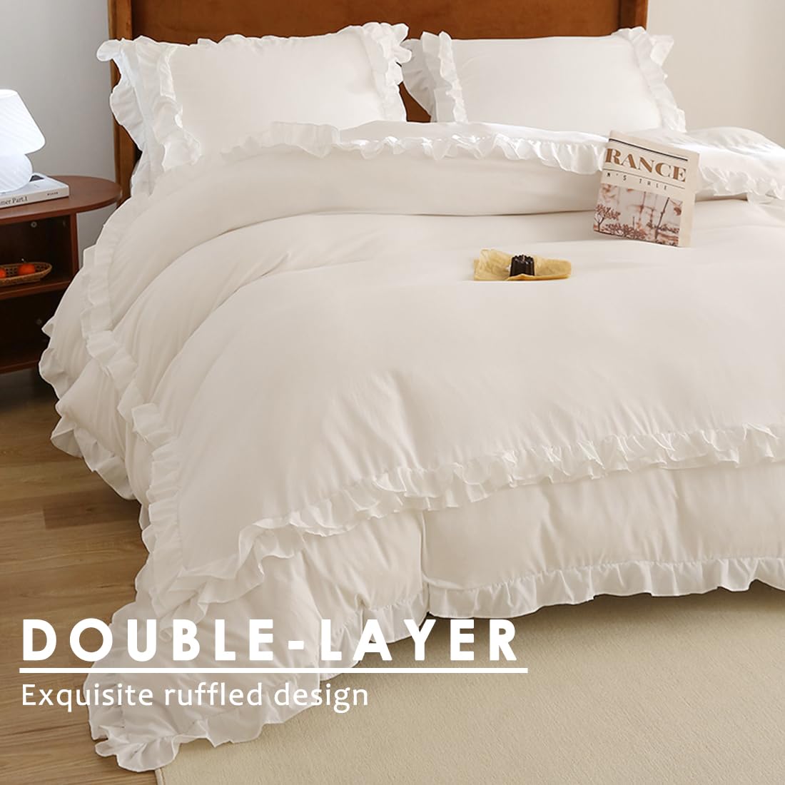 Wotcsil White Ruffle Bedding Set for Women Girls Ruffled Double Duvet Cover Set Plain Duvet Cover Shabby Chic Retro Double-Layer Frill Edge Design with Pillowcase - Image 4