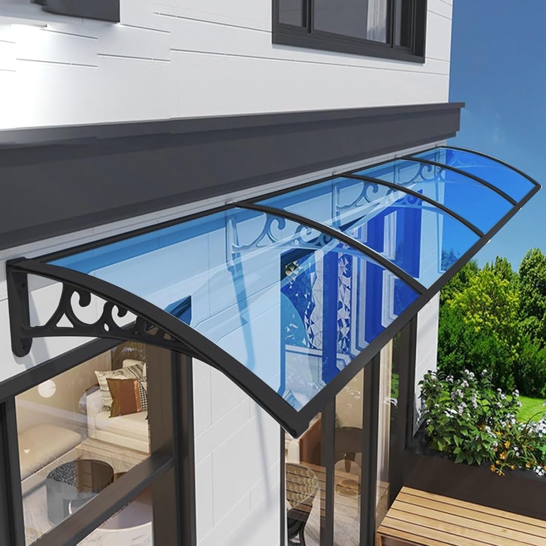 Marquise de porte anti-UV et anti-pluie, auvent en polycarbonate robuste bleu