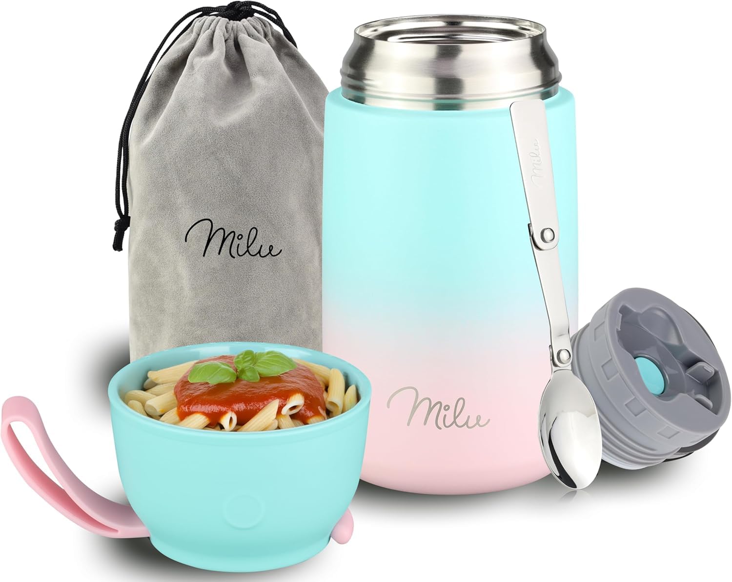 Milu® Thermo Food Flask 800ml - Stainless Steel Insulated Container - Lunchbox - Jar with Spoon for hot and Cold Food (Mint Pink, 800ml)