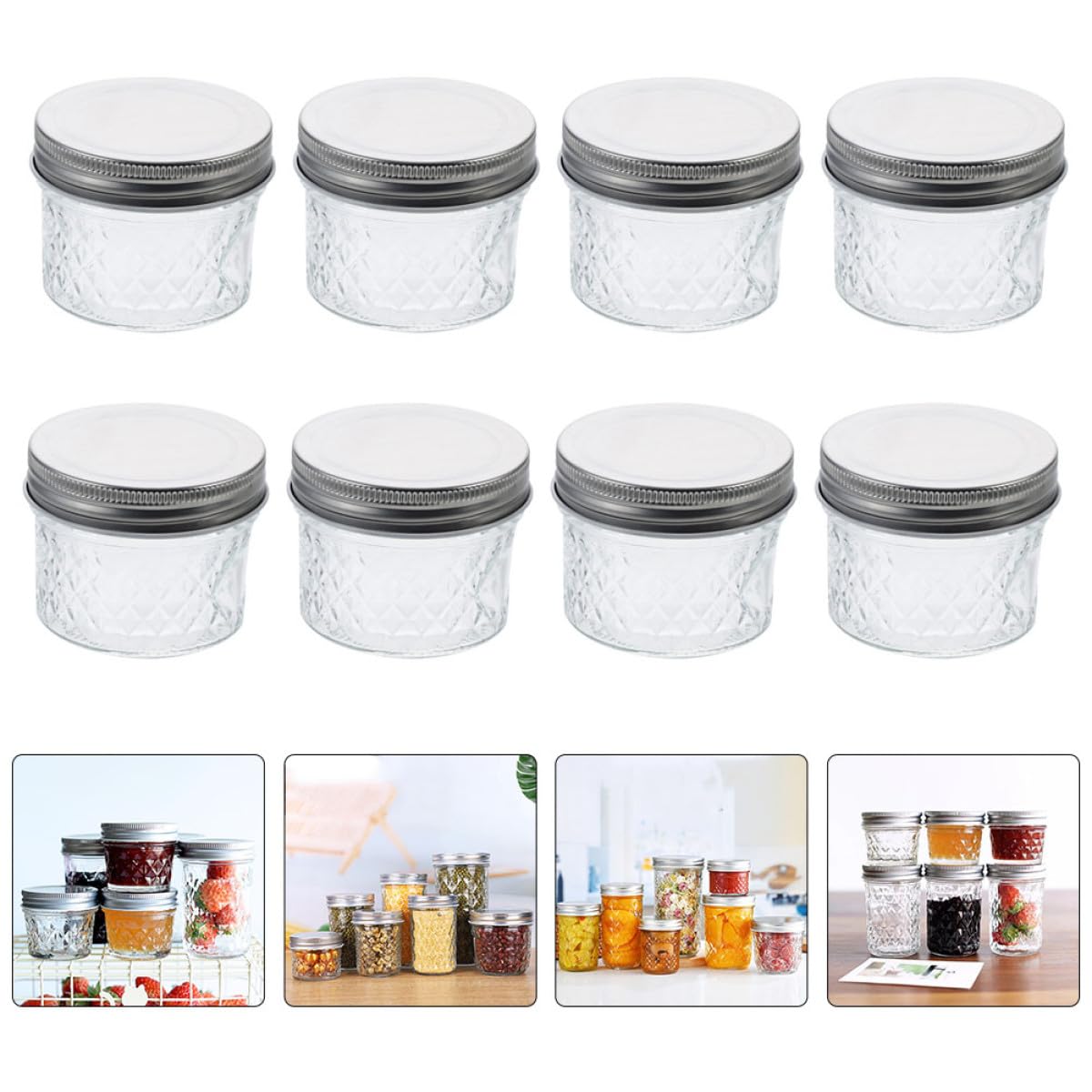 Set da 8 Barattoli in Vetro Trasparente 100 Ml Coperchio Sigillato, Contenitori per Marmellata e Caviale, Vasetti per Conservazione Alimenti Freschi in Cucina