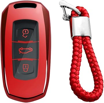 MissBlue Soft Car Key Fob Cover for Geely Emgrand GL GS Vision SUV Bo Yue Bo Rui Car Remote Key Case Protector Glossy TPU - Red - Braided Keychain