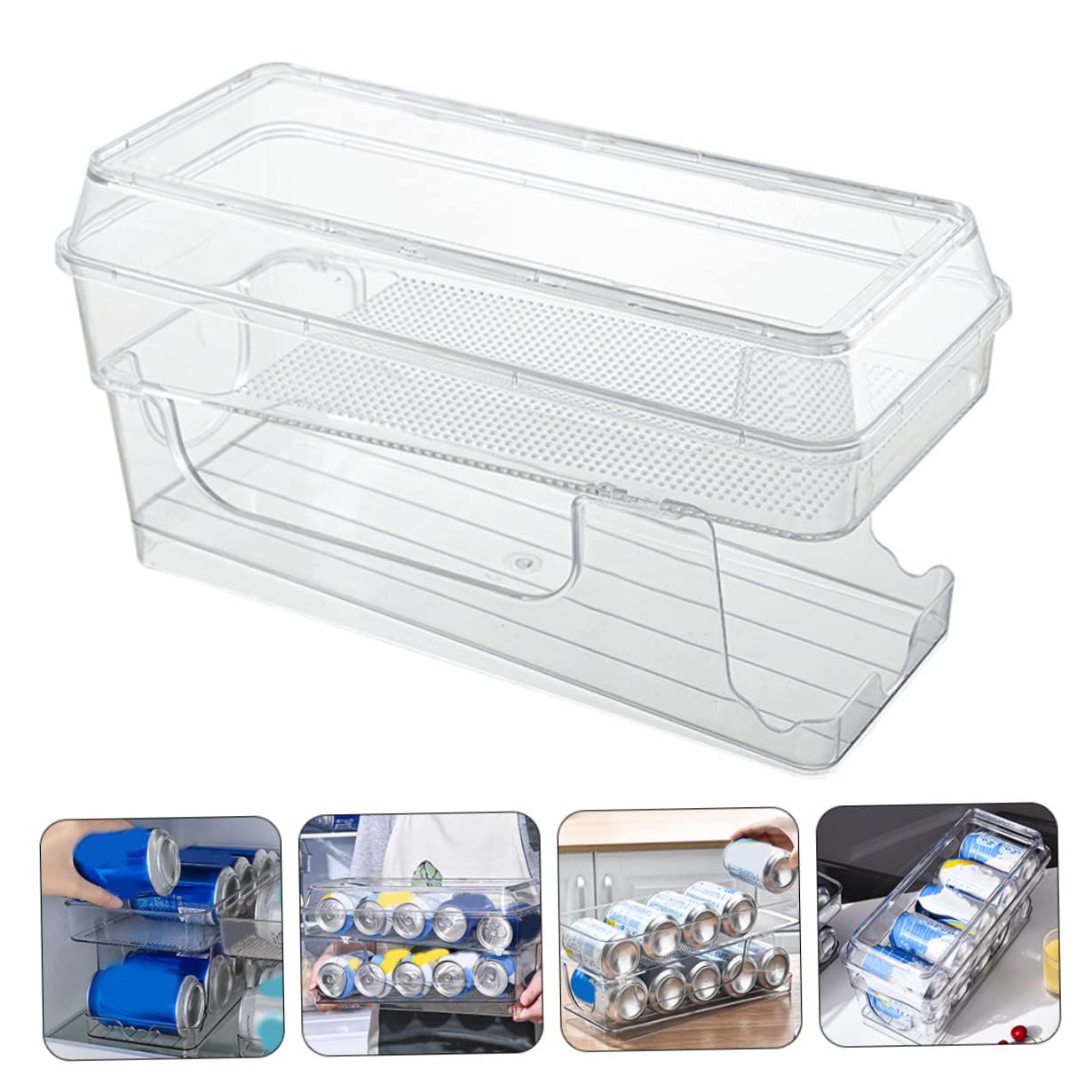 Estante para latas de bebidas para nevera, dispensador de latas de refrescos rodantes con tapa, soporte de almacenamiento de bebidas de cocina para nevera, ahorro de espacio, jarra de bebidas para