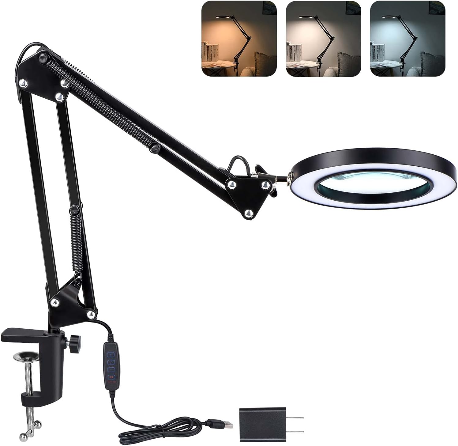 Magnifying Glass with Light and Stand, 3 Color Modes Stepless Dimmable, 5-Diopter Glass Lens, Adjustable Swivel Arm, LED Magnifier Desk Lamp for Close Work, Repair, Crafts, Reading - Long
